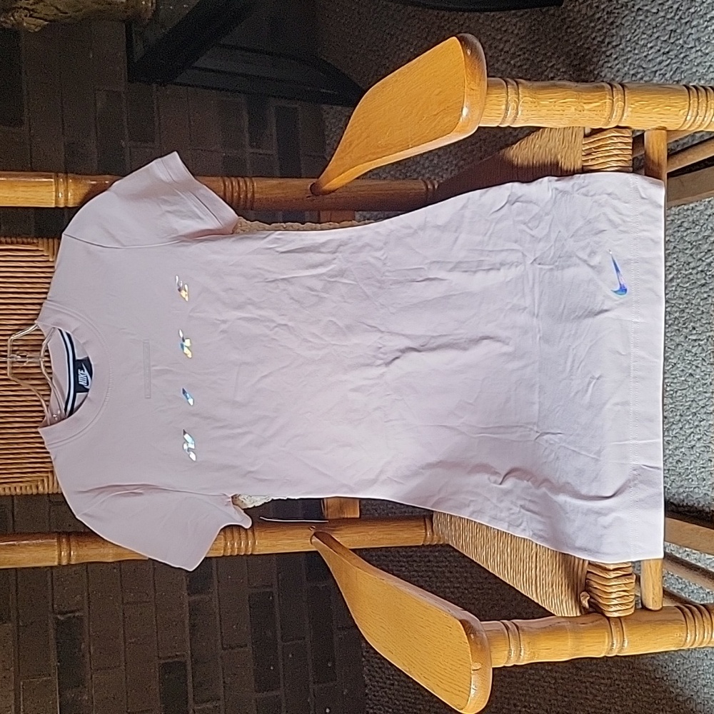 Nike Essentials iridescent logo dress in pink, size S